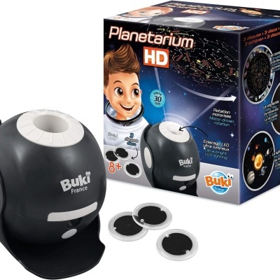 Projetor de planetário preto e branco com discos de projeção e embalagem colorida