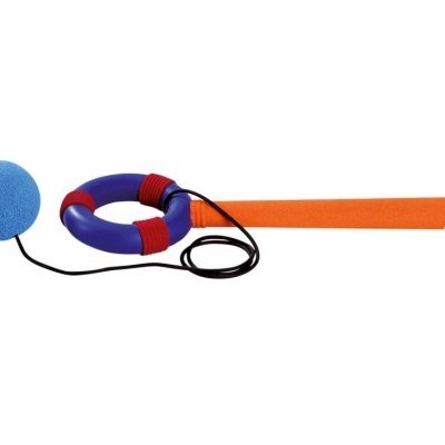 Brinquedo para cães com bola azul, anel roxo e cabo laranja