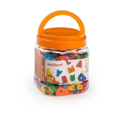 Frasco transparente com letras de plástico coloridas e tampa laranja