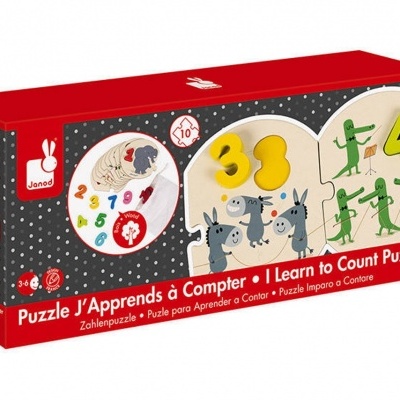 Caixa vermelha de puzzle educativo Janod com imagens de números e figuras em peças de puzzle