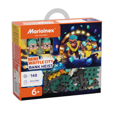 Brinquedo Marioinex Mini Waffle City Bank Heist com 148 peças e figuras em caixa colorida