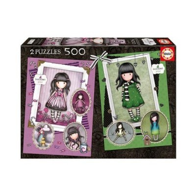 Caixa de 2 puzzles de 500 peças com ilustrações da personagem Gorjuss em roxo e verde