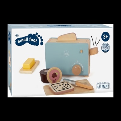 Brinquedo de cozinha com torradeira azul e acessórios em madeira para crianças, em embalagem branca.