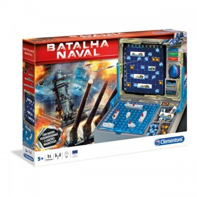 Caixa do jogo Batalha Naval com tabuleiro e peças visíveis