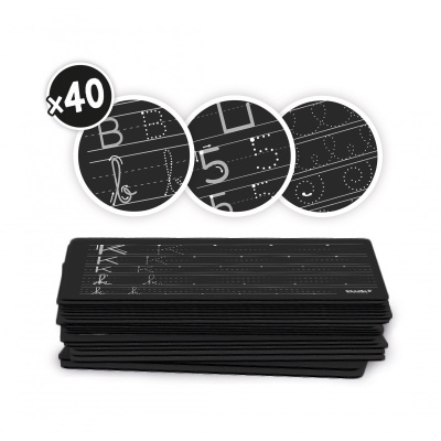 Conjunto de placas pretas para treino de escrita com letras, números e padrões pontilhados.
