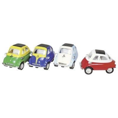 Miniaturas de quatro carros clássicos coloridos em linha sobre fundo branco