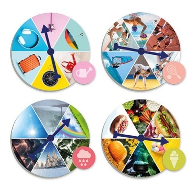 Relógios temáticos divididos em segmentos com várias imagens e ponteiros azuis.