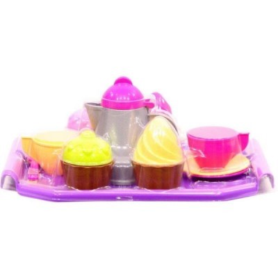Conjunto de brinquedo para chá em plástico colorido, incluindo bandeja, jarra, cupcakes, chávena e prato