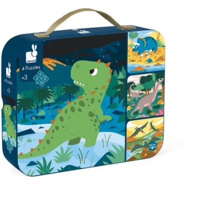 Caixa azul com dinossauro verde e ilustrações de puzzles de dinossauros