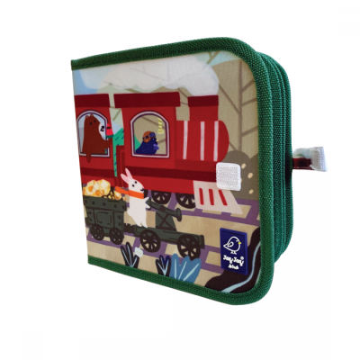 Estojo verde com estampa de comboio vermelho e animais