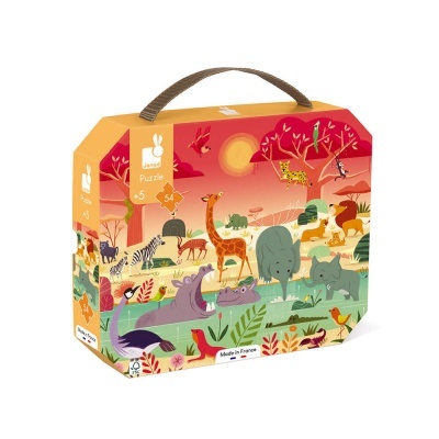 Caixa de puzzle colorida com ilustração de animais selvagens na savana e alça castanha