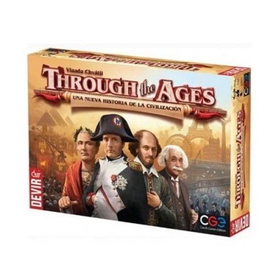 Jogo de tabuleiro Through the Ages embalagem com figuras históricas
