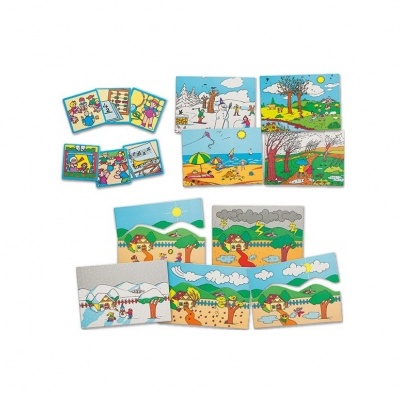 Conjunto de puzzles coloridos com ilustrações de estações do ano.