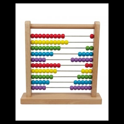 Ábaco de madeira com contas coloridas organizadas em fios horizontais