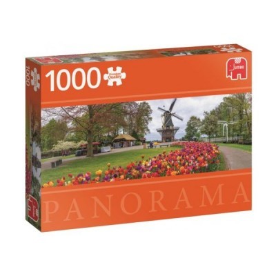 Caixa de quebra-cabeças de 1000 peças com imagem panorâmica de moinho e campo florido
