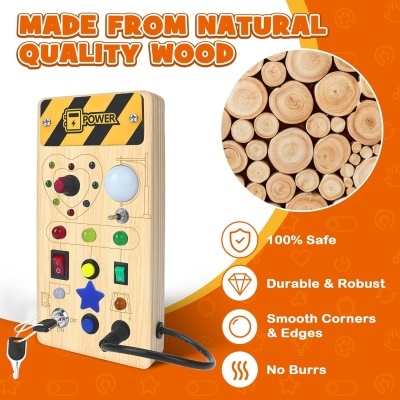 Painel de madeira natural com botões coloridos e texto informativo em fundo laranja