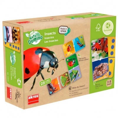 Caixa do jogo educativo NaturDomino Insects com imagens de insetos e informações sobre o produto