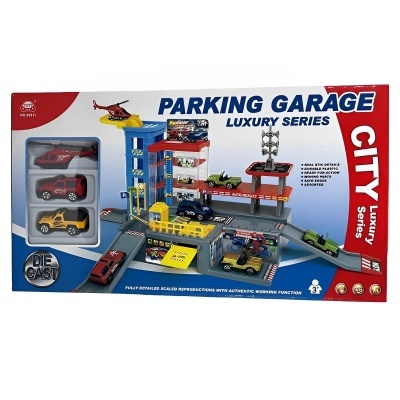Conjunto de brinquedo de parque de estacionamento com quatro carros metálicos e estrutura colorida num pacote.