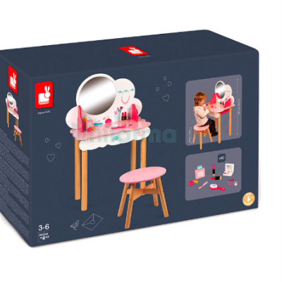 Brinquedo penteadeira infantil de madeira com espelho e banquinho cor-de-rosa