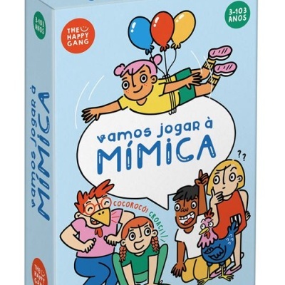 Embalagem azul clara do jogo de cartas 'vamos jogar à MÍMICA' com personagens ilustrados