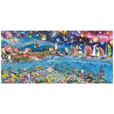 Imagem colorida de puzzle com animais, barcos, balões e farol