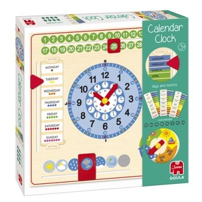 Relógio calendário de madeira com ponteiros coloridos e números visíveis, embalagem com descrição e logo Goula