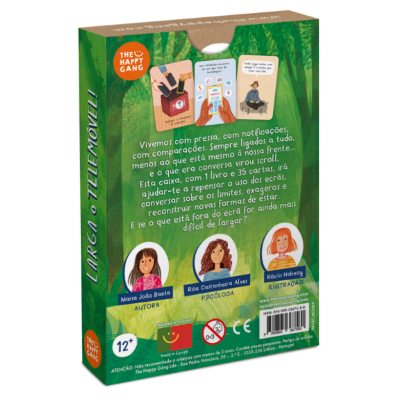 Embalagem verde do jogo Larga o Telemóvel! com texto, ilustrações de três mulheres e ícones de indicação de idade e segurança