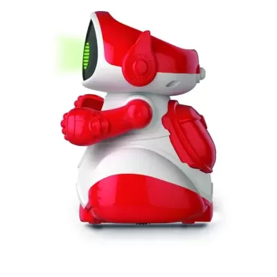 Robô de brinquedo branco e vermelho com painel iluminado a verde