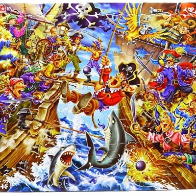 Puzzle infantil colorido com cena de piratas em estilo cartoon com tubarão e navios de madeira