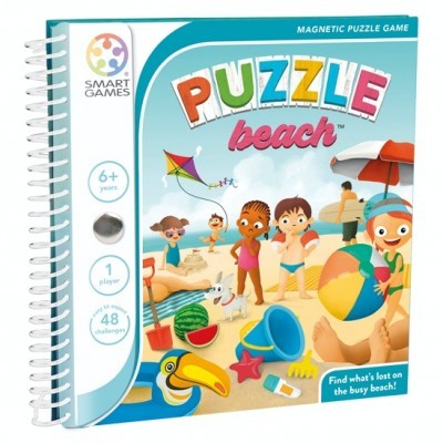 Capa de jogo de puzzle magnético infantil colorido com tema de praia e crianças