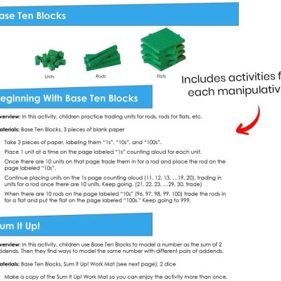 Instruções para uso de blocos Base Ten Blocks verdes para atividades matemáticas