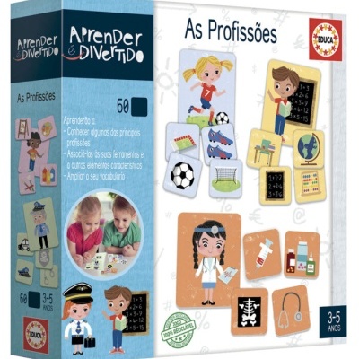 Caixa do jogo educativo 'Aprender é Divertido - As Profissões' com imagens coloridas e texto em português