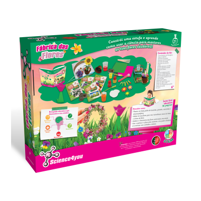 Kit educativo Fábrica das Flores da Science4you com imagens de flores e ferramentas coloridas