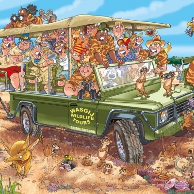 Caricatura de safari com jipe verde cheio de pessoas e animais caricaturados numa savana