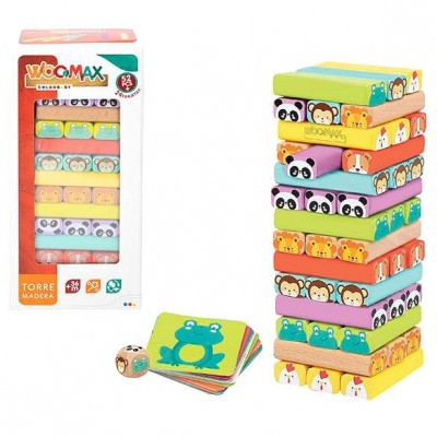 Jogo de torre de madeira colorida com peças ilustradas com animais, dado e cartas.