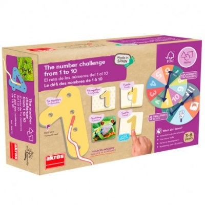 Jogo educativo The number challenge from 1 to 10 em embalagem de cardboard, com peças em madeira e spinner colorido.