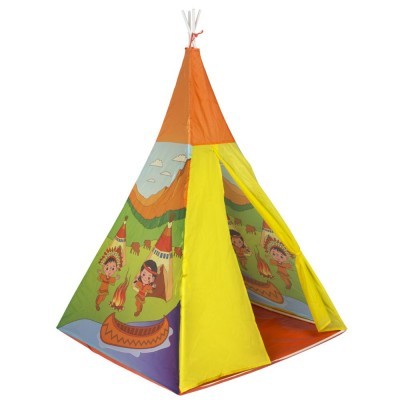 Tenda para crianças tipi colorida com desenhos de índios e canoa