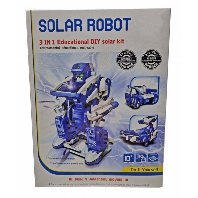 Embalagem do kit Solar Robot 3 em 1 com robô azul e painel solar