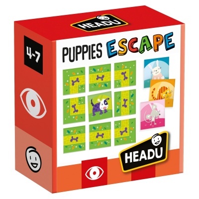 Caixa do jogo de tabuleiro PUPPIES ESCAPE para crianças, da marca HEADU, em vermelho, branco e verde.