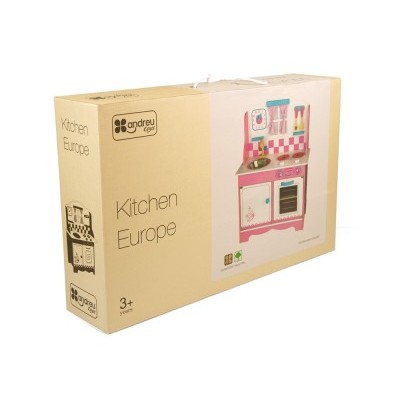 Caixa com brinquedo de cozinha infantil Kitchen Europe em tons de rosa e branco