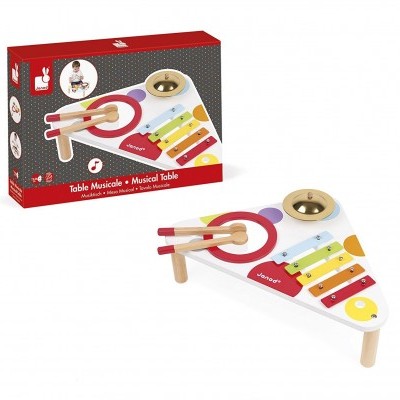 Mesa musical branca com xilofone colorido e pandeireta dourada