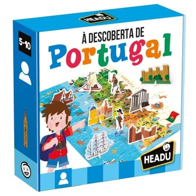 Embalagem de jogo À DESCOBERTA DE Portugal com ilustrações coloridas e marca HEADU