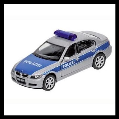 Carrinha de polícia de brinquedo cinzenta com detalhes azuis e luz azul no teto