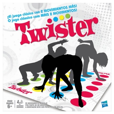 Caixa do jogo Twister com silhuetas em tapete colorido
