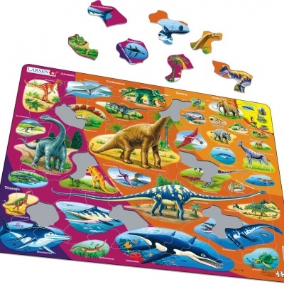 Quebra-cabeça de madeira com dinossauros coloridos e texto LARSEN e períodos geológicos