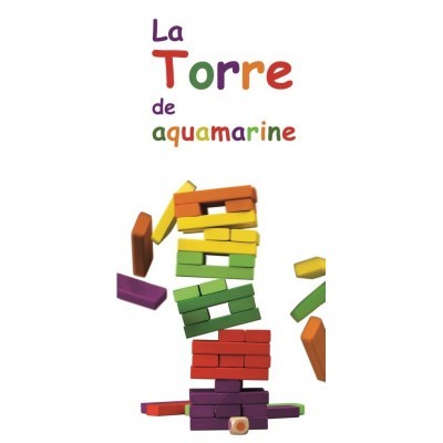 Blocos de madeira coloridos empilhados com texto 'La Torre de aquamarine'
