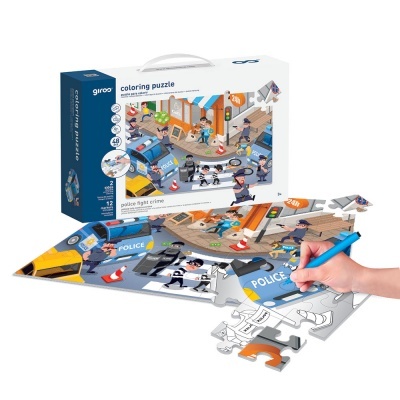 Puzzle de colorir com tema policial e canetas de cor