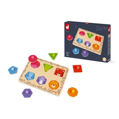 Jogo de encaixe de formas coloridas em madeira com tabuleiro e caixa