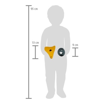 Peças para escalada amarela e preta junto a silhueta de criança com medidas