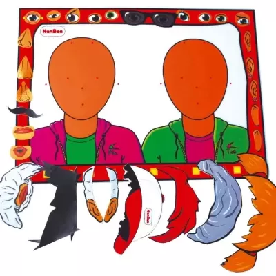 Painel colorido com figuras recortáveis para disfarces faciais e acessórios suspensos